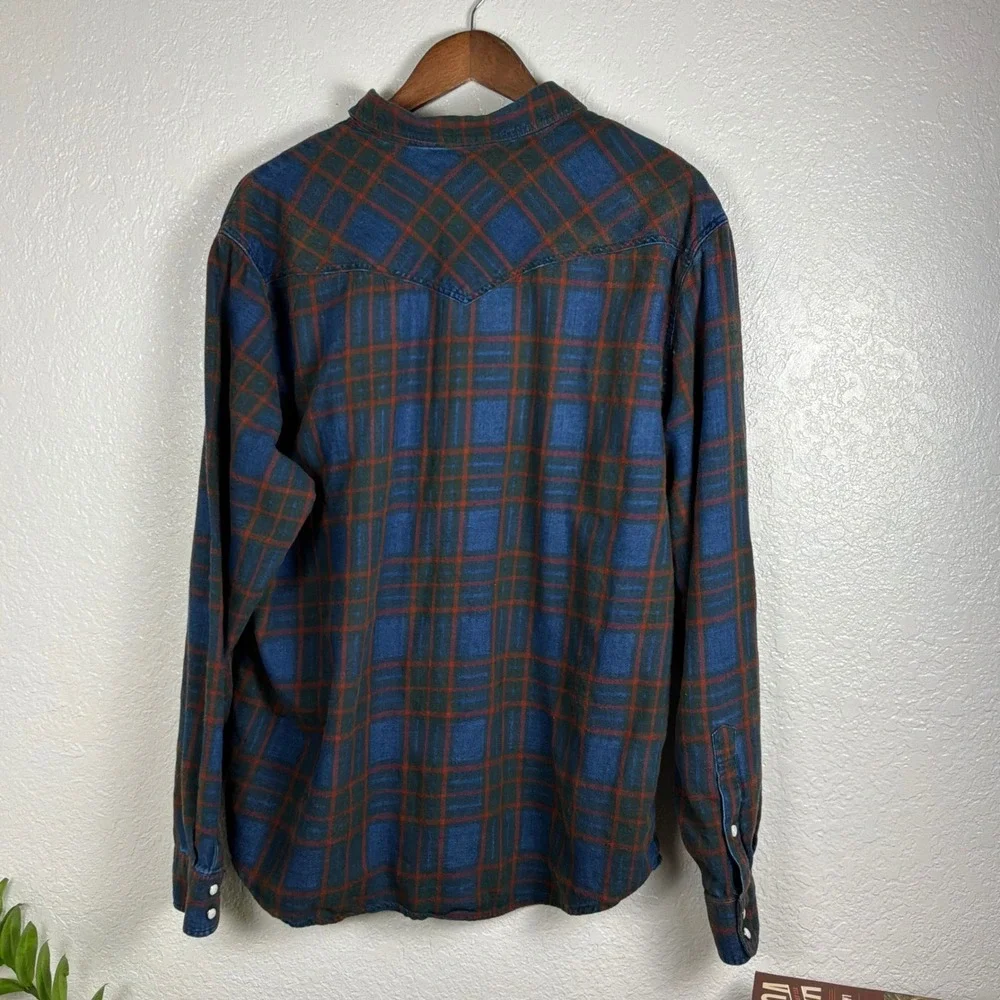 Lucky Brand Plaid Western Shirt Mens XL Blue Red Plaid Excellent Pearl Snap